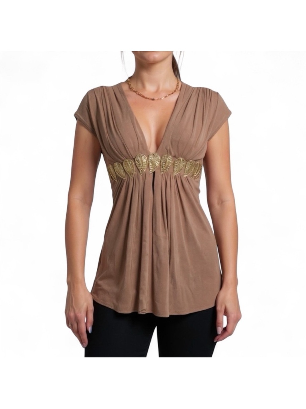 Sky Taupe V-Neck Empire Waist Top with Gold leaf Embellishment